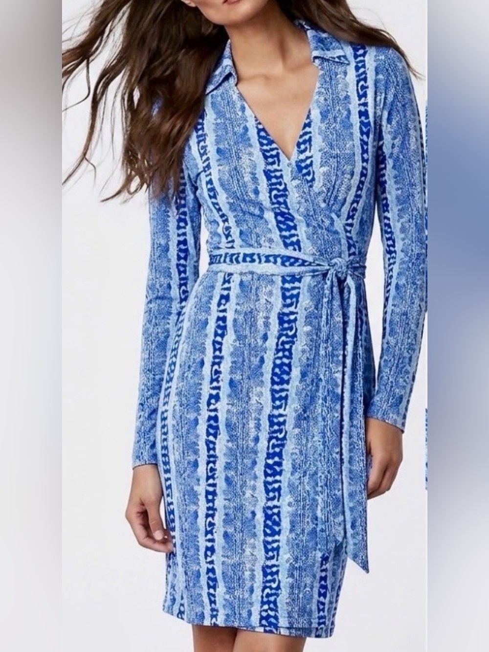 DVF Jeanne Wrap Dress Jersey Snake Print Long Sleeve Collared Stretch - Picture 2 of 16
